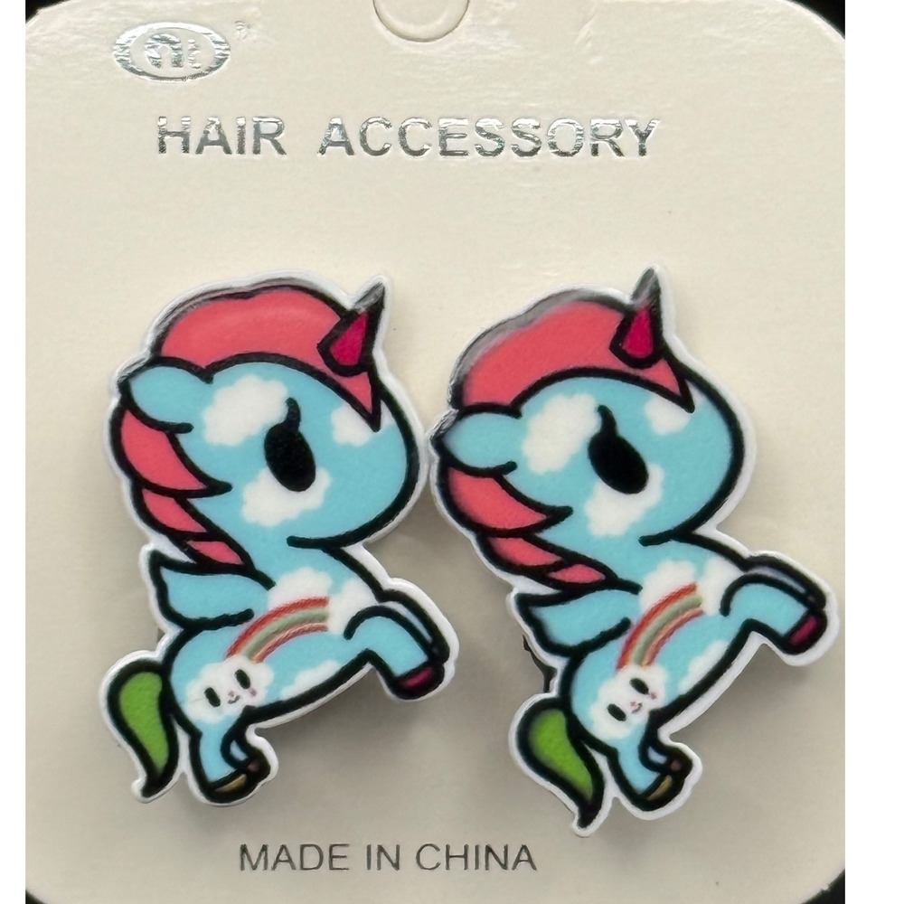 Unicorn Hair Clips Blue Pink Rainbow Pegasus Tokidoki Style Kawaii 2pc Set NEW